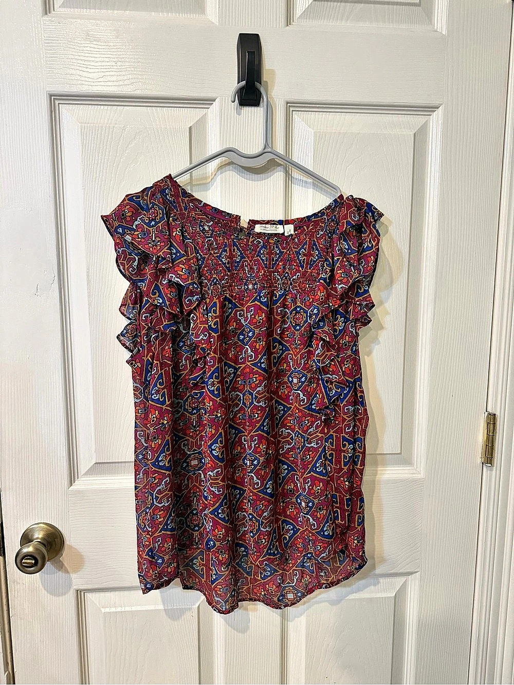Meadow Rue Geometric Ruffle Sleeve Blouse in Red & Purple